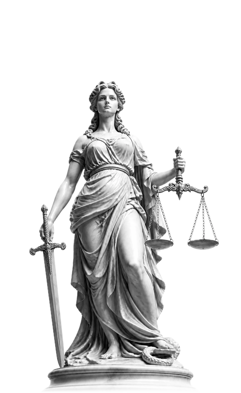 Marble statue of Justice, eyes open, holding her sword and a pair of level scales.