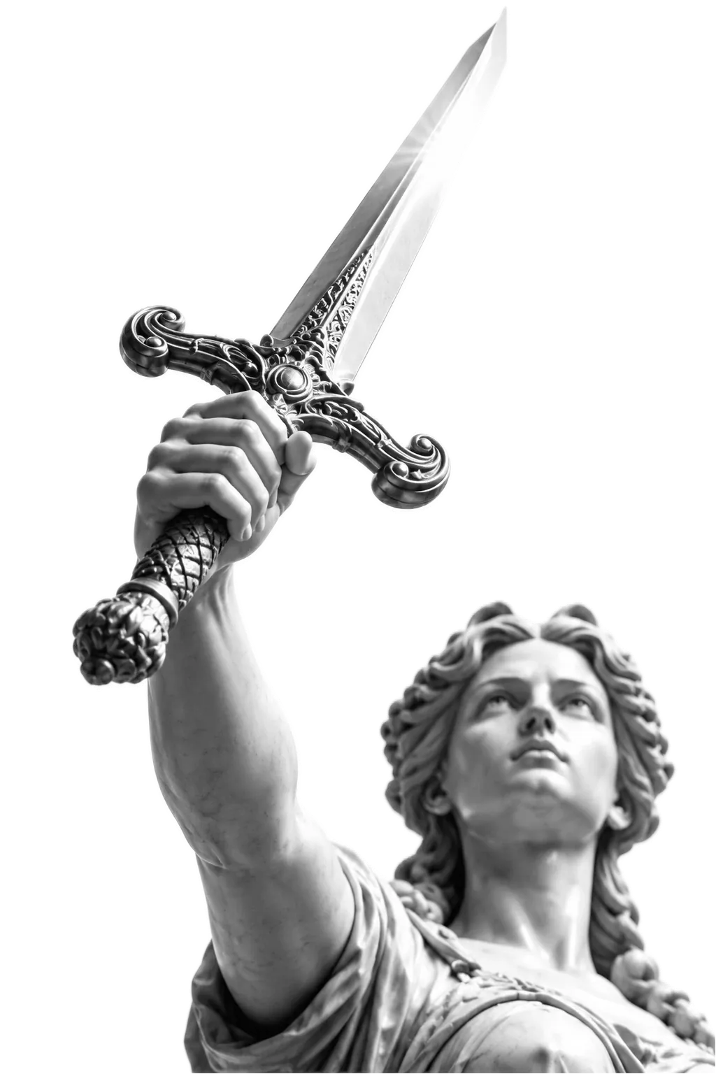 Close view of the sword held high, light along the blade.